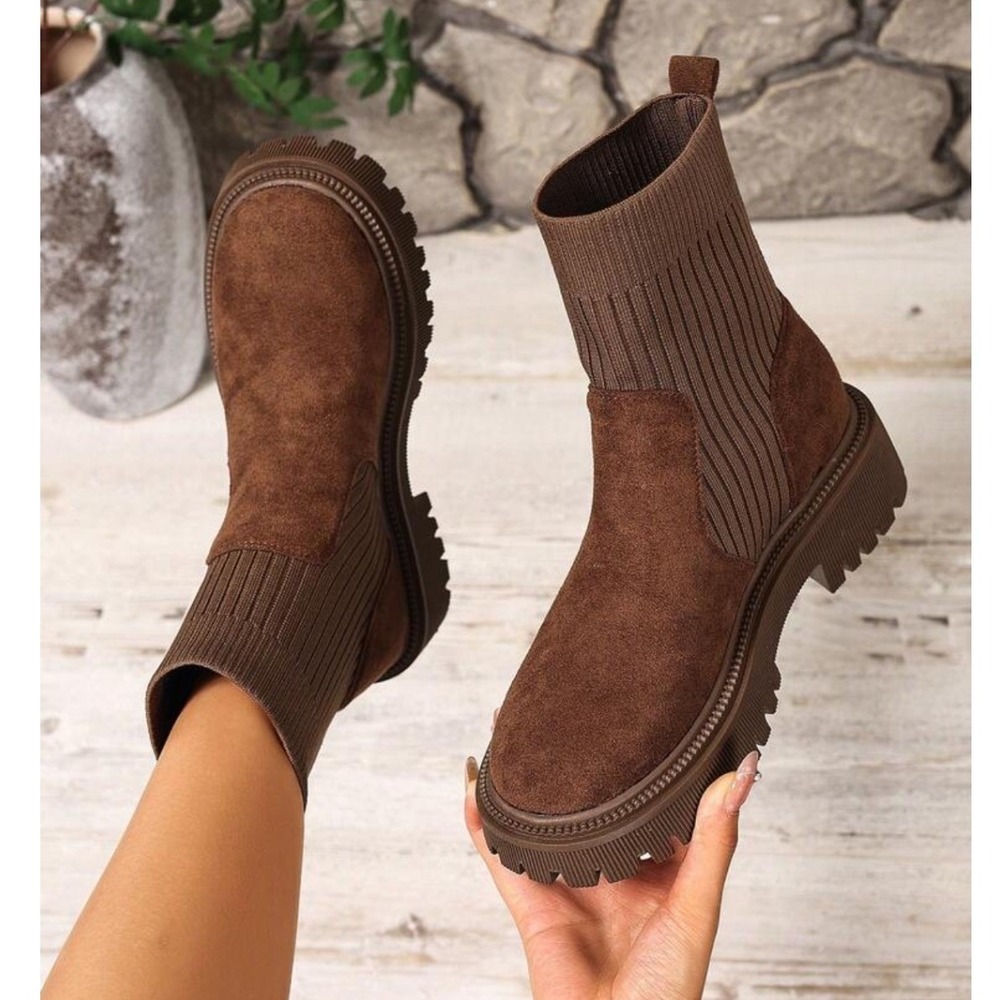 Women's Side 8 Boots Faux Suede Tan Brown Ribbed Mid-Calf Pull On Stretch